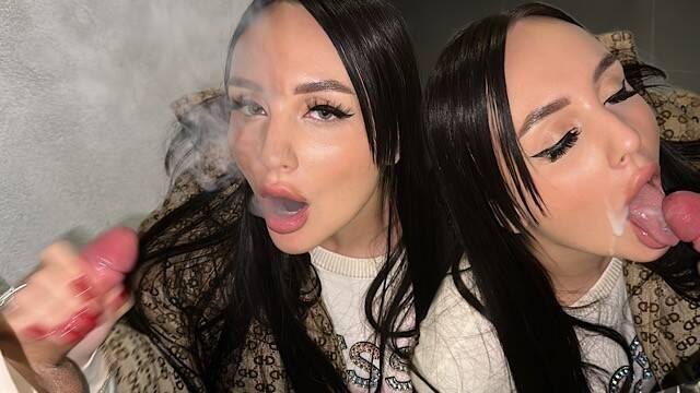 Брюнетка сосет член в подъезде и глотает сперму